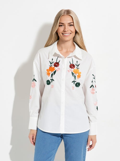 Chemisier long boutonné brodé polycoton - Kiabi