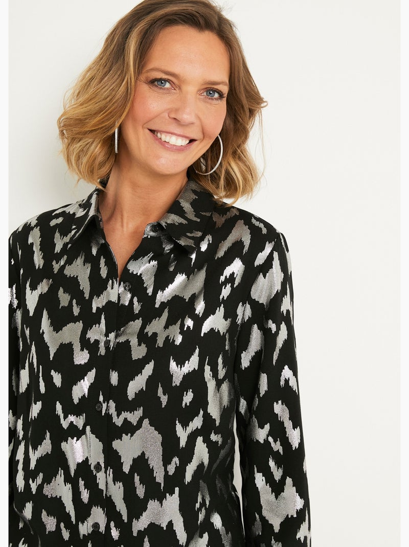 Chemisier long boutonné imprimé brillant Noir Argenté - Kiabi