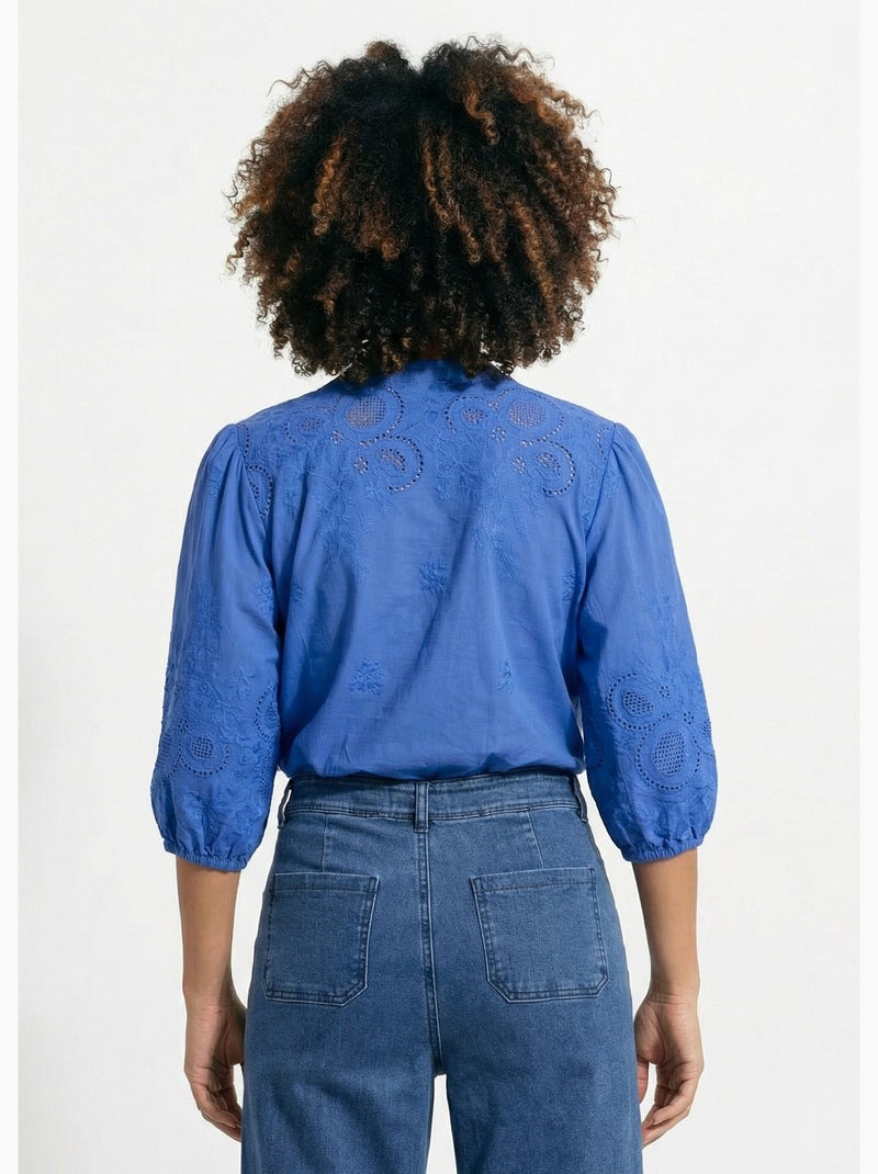 Chemisier long coton brodé manches 3/4 - Afibel Bleu - Kiabi