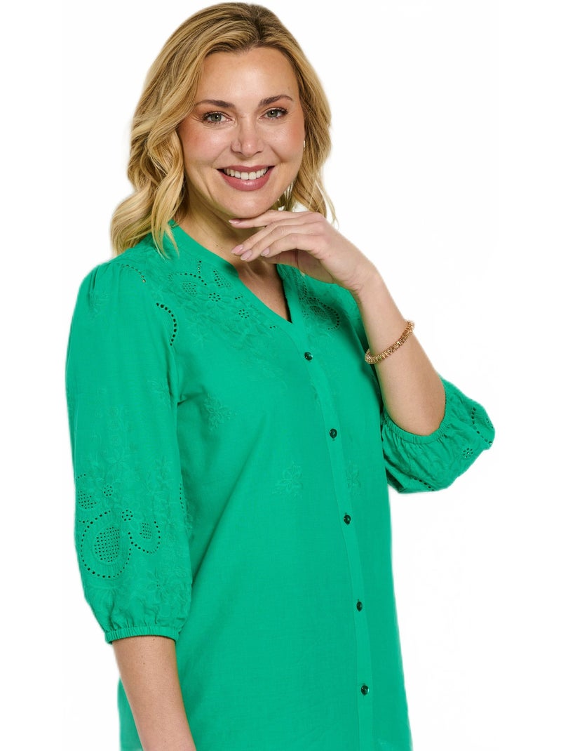 Chemisier long coton brodé manches 3/4 - Afibel Vert - Kiabi