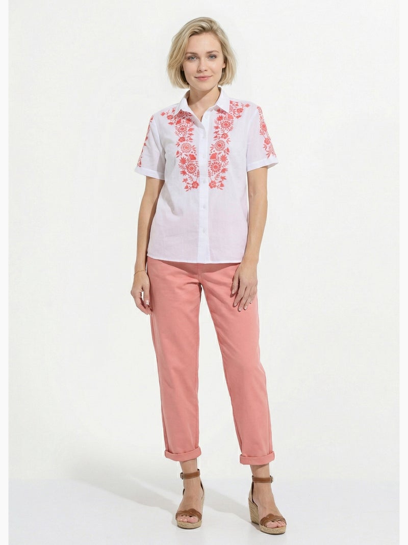 Chemisier long coton brodé manches courtes - Afibel Blanc Rose - Kiabi
