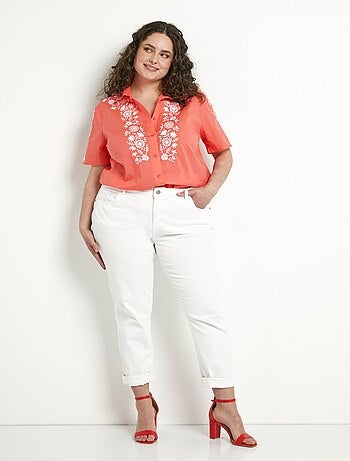 Chemisier long coton brodé manches courtes - Afibel