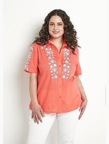 Chemisier long coton brodé manches courtes