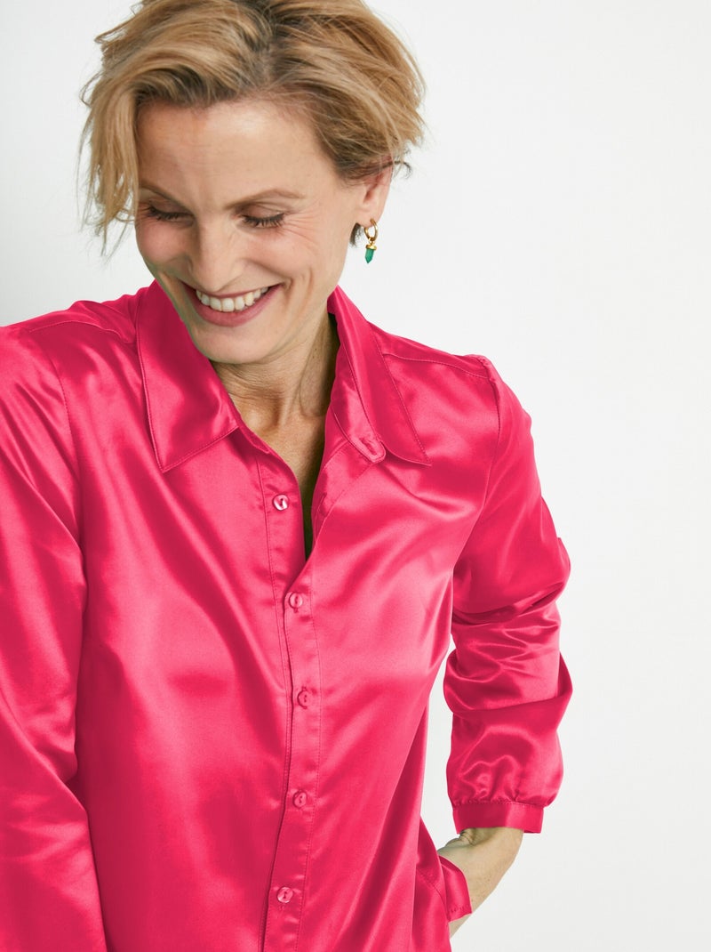 Chemisier long droit boutonné en satin Rose fushia - Kiabi