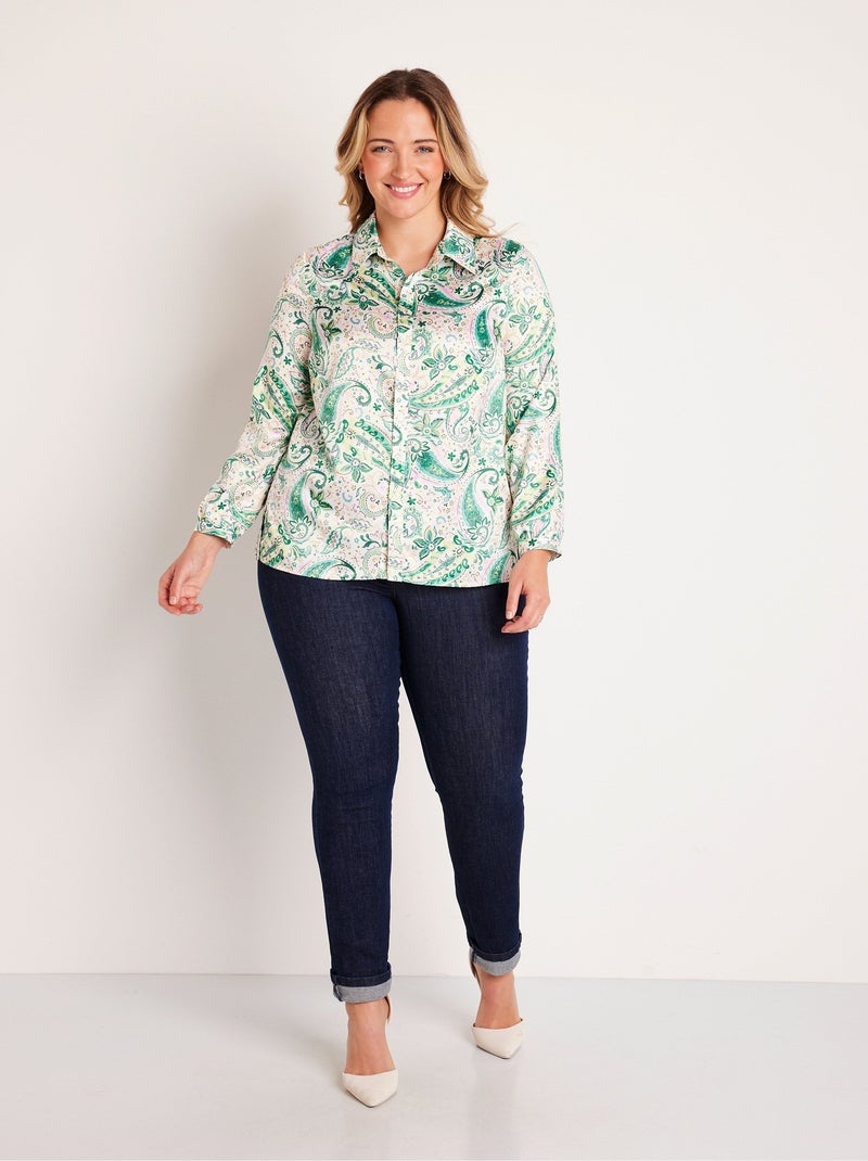 Chemisier long droit boutonné en satin Vert - Kiabi