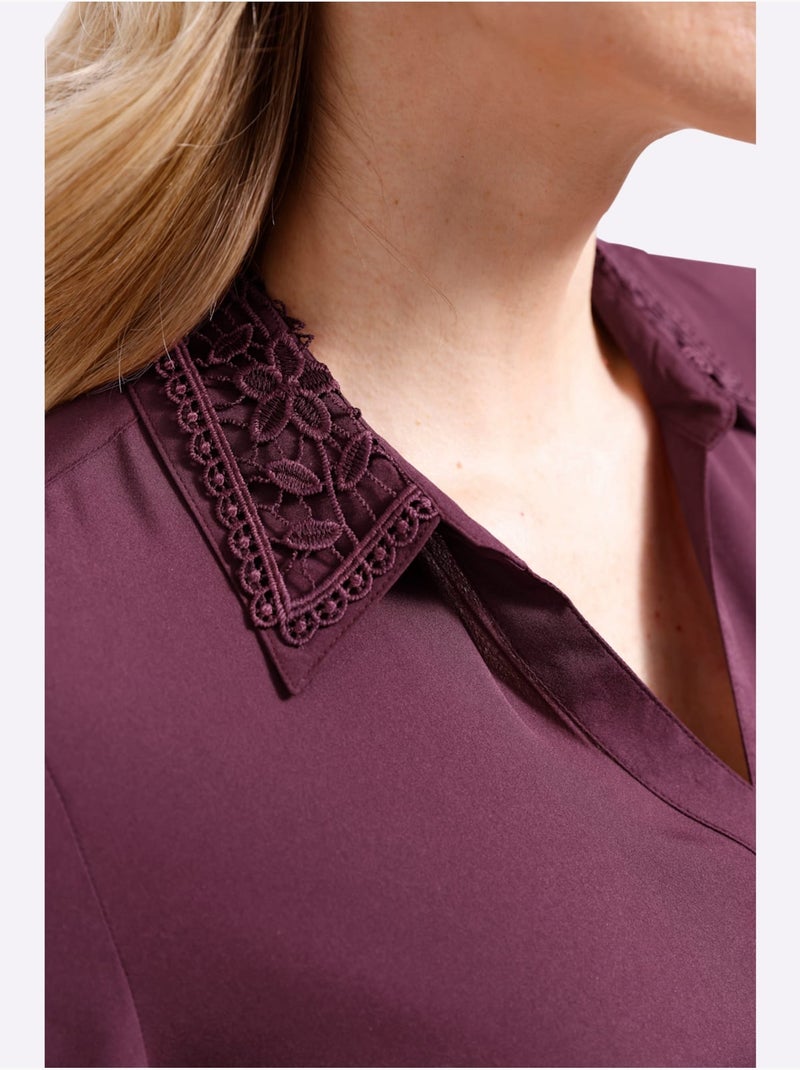 Chemisier long empiècement en dentelle - taille standard - moda vilona Noir Bordeaux - Kiabi