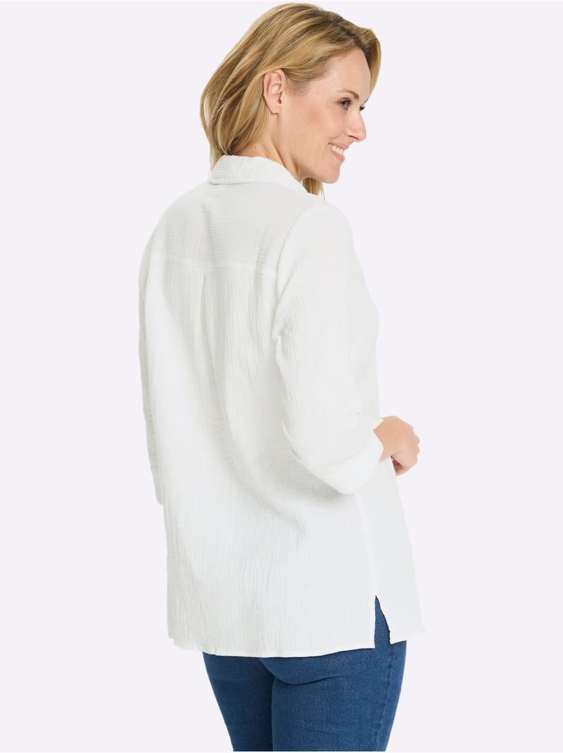 Chemisier long en mousseline avec col chemise et manches 3/4 - Taille standard - Moda Vilona Blanc - Kiabi