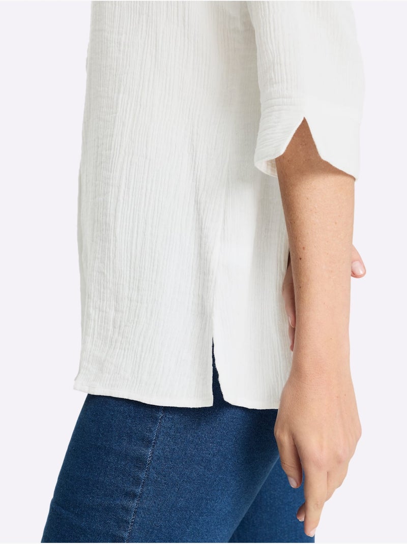 Chemisier long en mousseline avec col chemise et manches 3/4 - Taille standard - Moda Vilona Blanc - Kiabi
