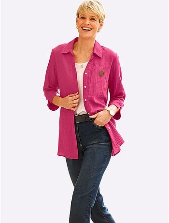 Chemisier long en mousseline avec col chemise et manches 3/4 - Taille standard - Moda Vilona