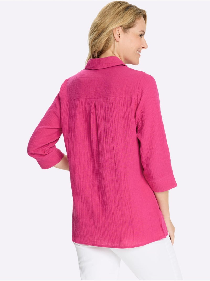 Chemisier long en mousseline avec col chemise et manches 3/4 - Taille standard - Moda Vilona Magenta - Kiabi