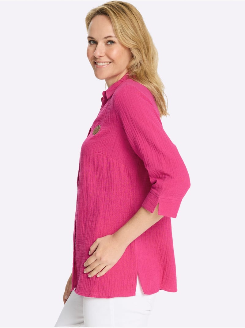 Chemisier long en mousseline avec col chemise et manches 3/4 - Taille standard - Moda Vilona Magenta - Kiabi