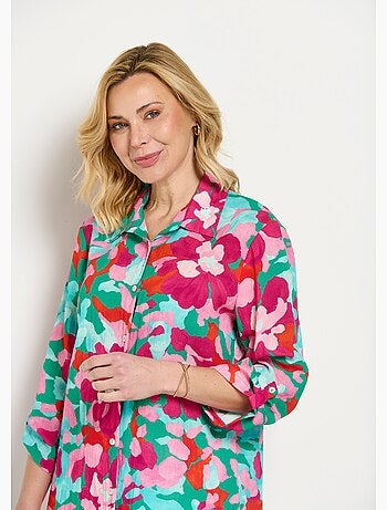 Chemisier long fleuri manches 3/4 retroussables