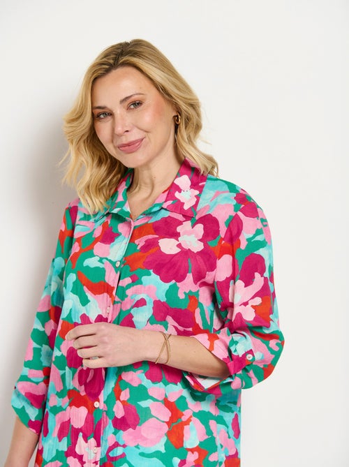 Chemisier long fleuri manches 3/4 retroussables - Kiabi