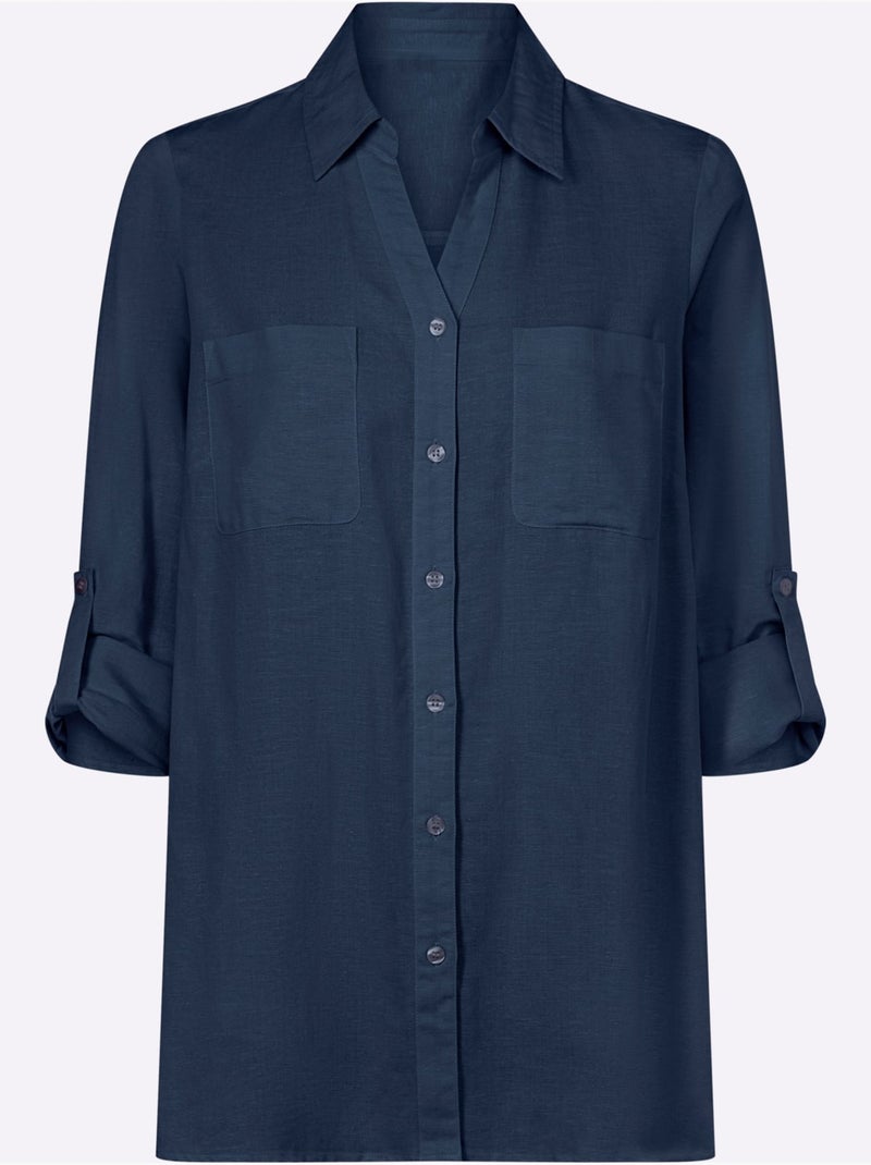 Chemisier Long Mélange Viscose-lin Estival - Taille Standard - Moda Vilona Bleu foncé - Kiabi