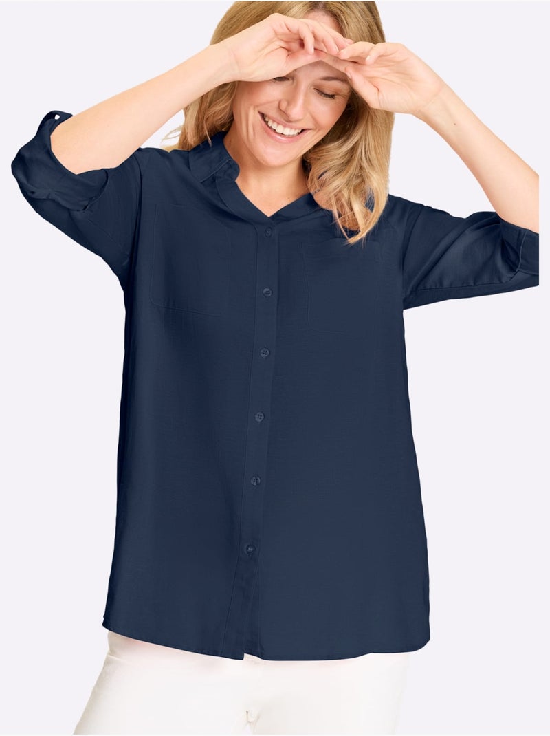 Chemisier Long Mélange Viscose-lin Estival - Taille Standard - Moda Vilona Bleu foncé - Kiabi