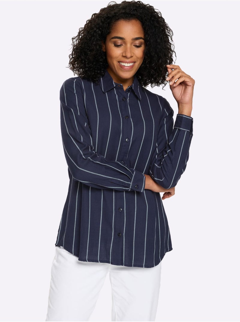Chemisier long pur coton - taille standard - moda vilona Ecru/Marine - Kiabi