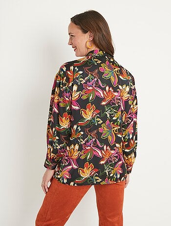 Chemisier long satin fleuri manches longues