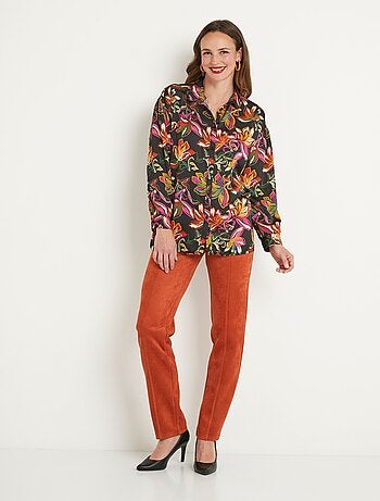 Chemisier long satin fleuri manches longues