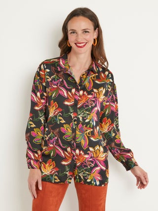 Chemisier long satin fleuri manches longues