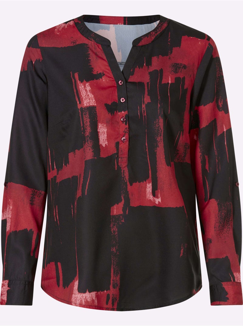 Chemisier Manches 3/4 Retroussables - Taille Standard - Moda Vilona Noir Rouge - Kiabi