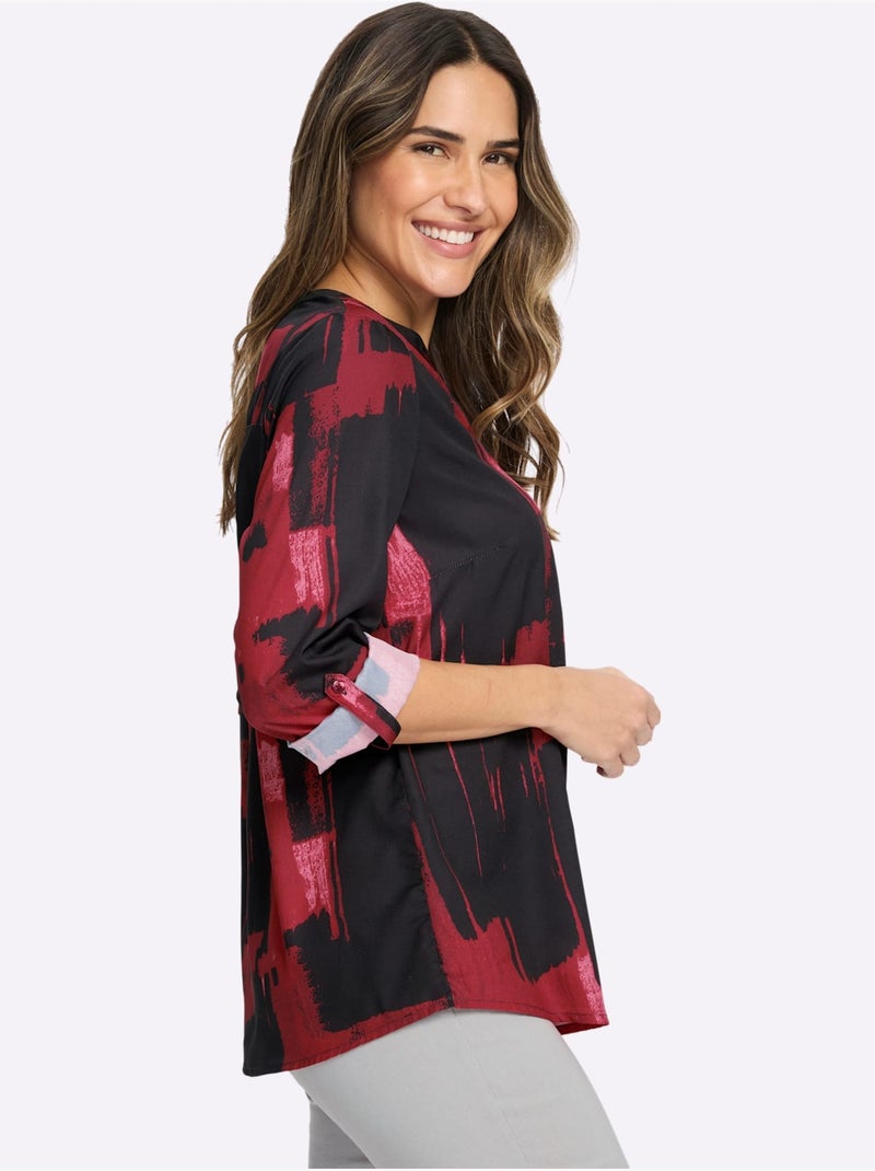 Chemisier Manches 3/4 Retroussables - Taille Standard - Moda Vilona Noir Rouge - Kiabi