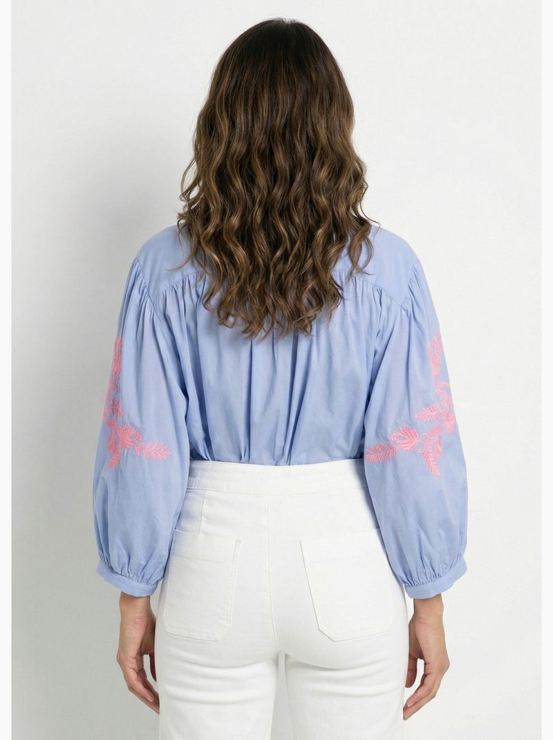 Chemisier manches amples broderies fluo - AFIBEL Bleu Rose - Kiabi