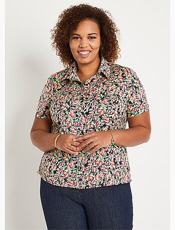 Chemisier manches courtes satin fleuri