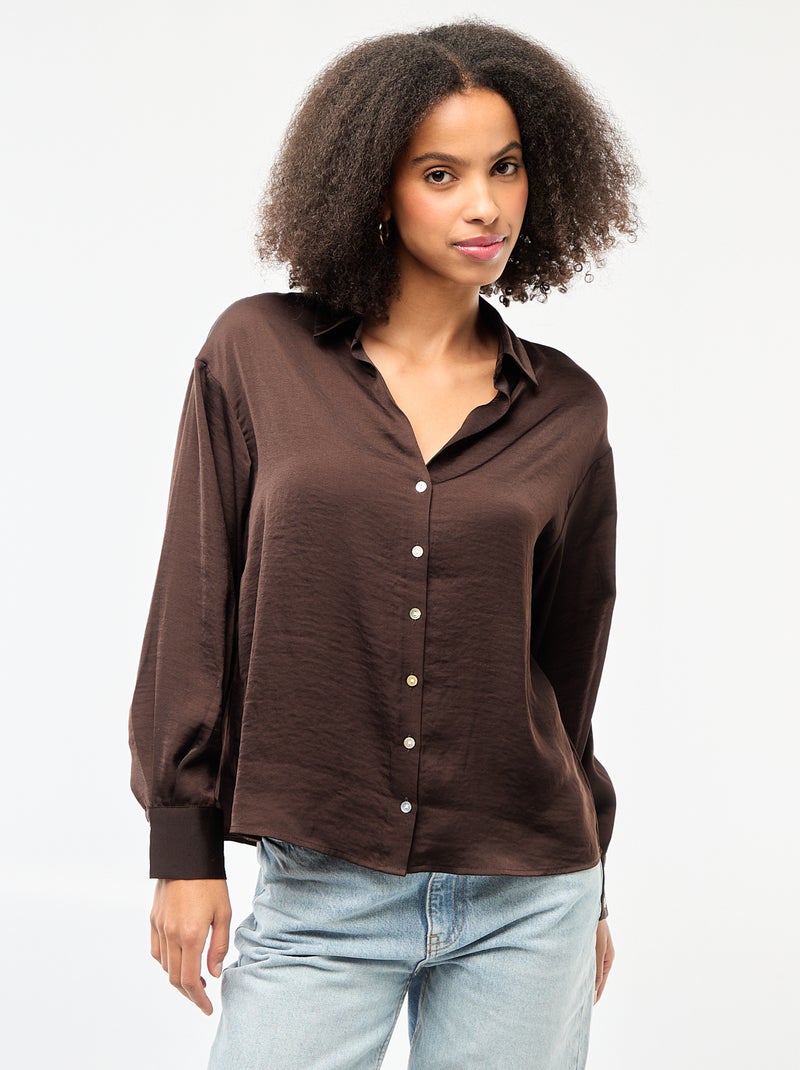 Chemisier manches longues en satin uni Marron - Kiabi