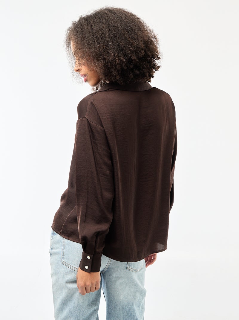 Chemisier manches longues en satin uni Marron - Kiabi