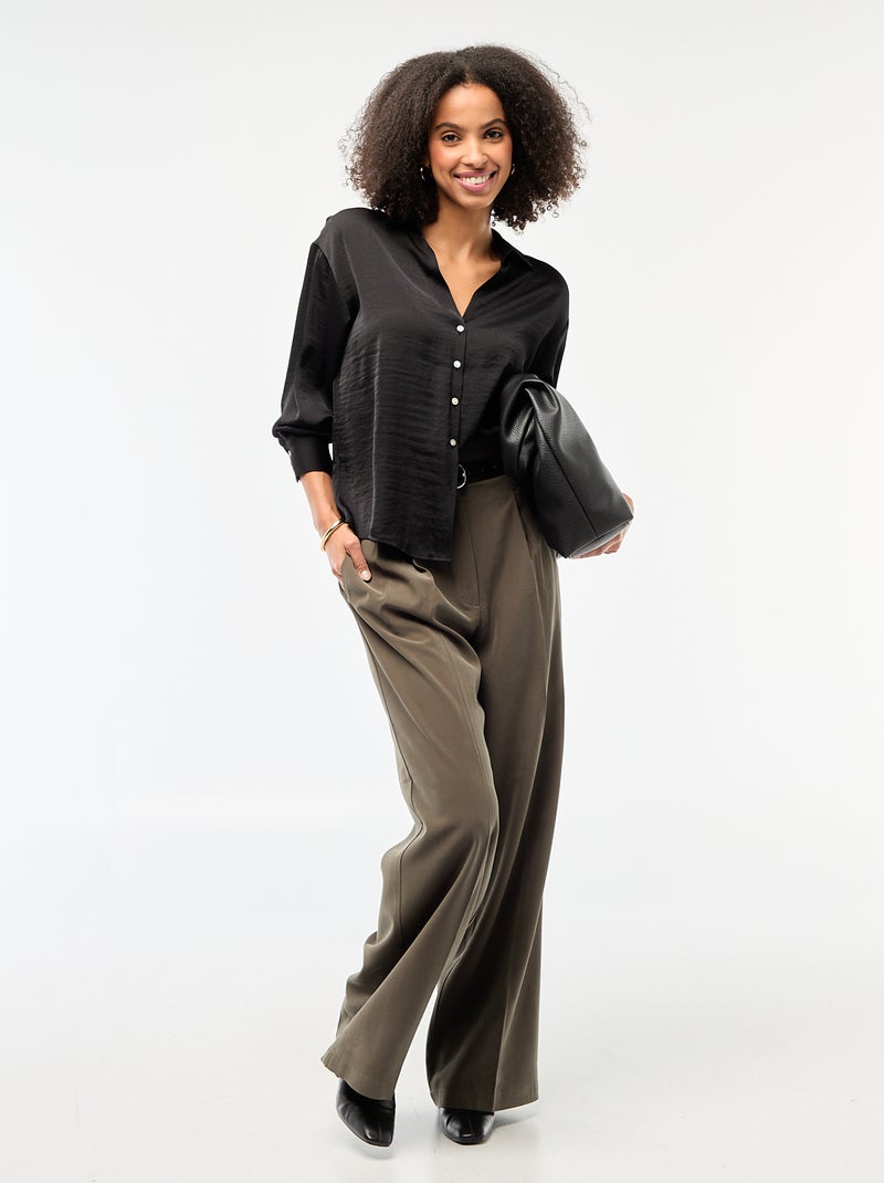 Chemisier manches longues en satin uni Noir - Kiabi