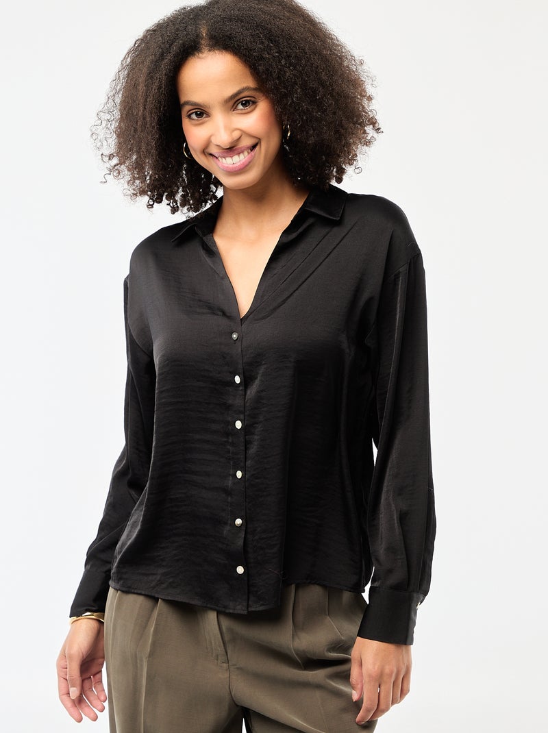 Chemisier manches longues en satin uni Noir - Kiabi