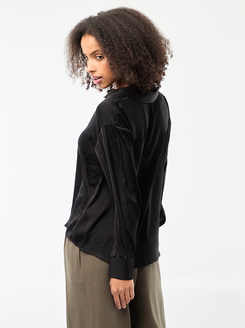 Chemisier manches longues en satin uni Noir - Kiabi