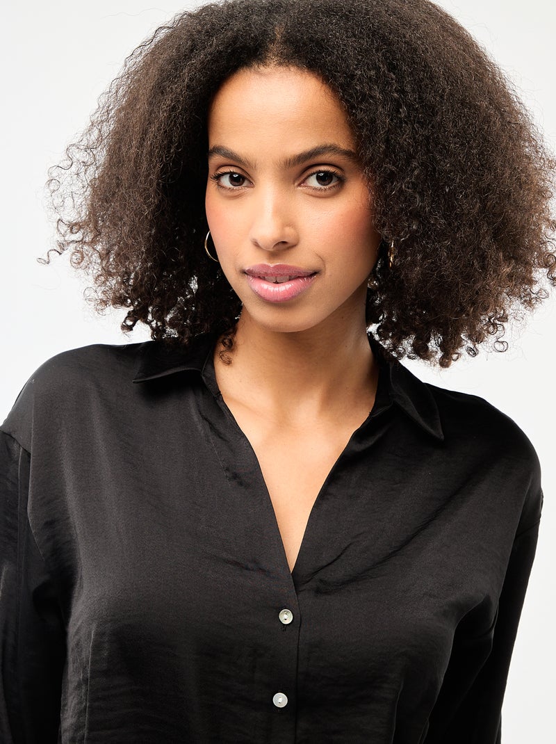 Chemisier manches longues en satin uni Noir - Kiabi