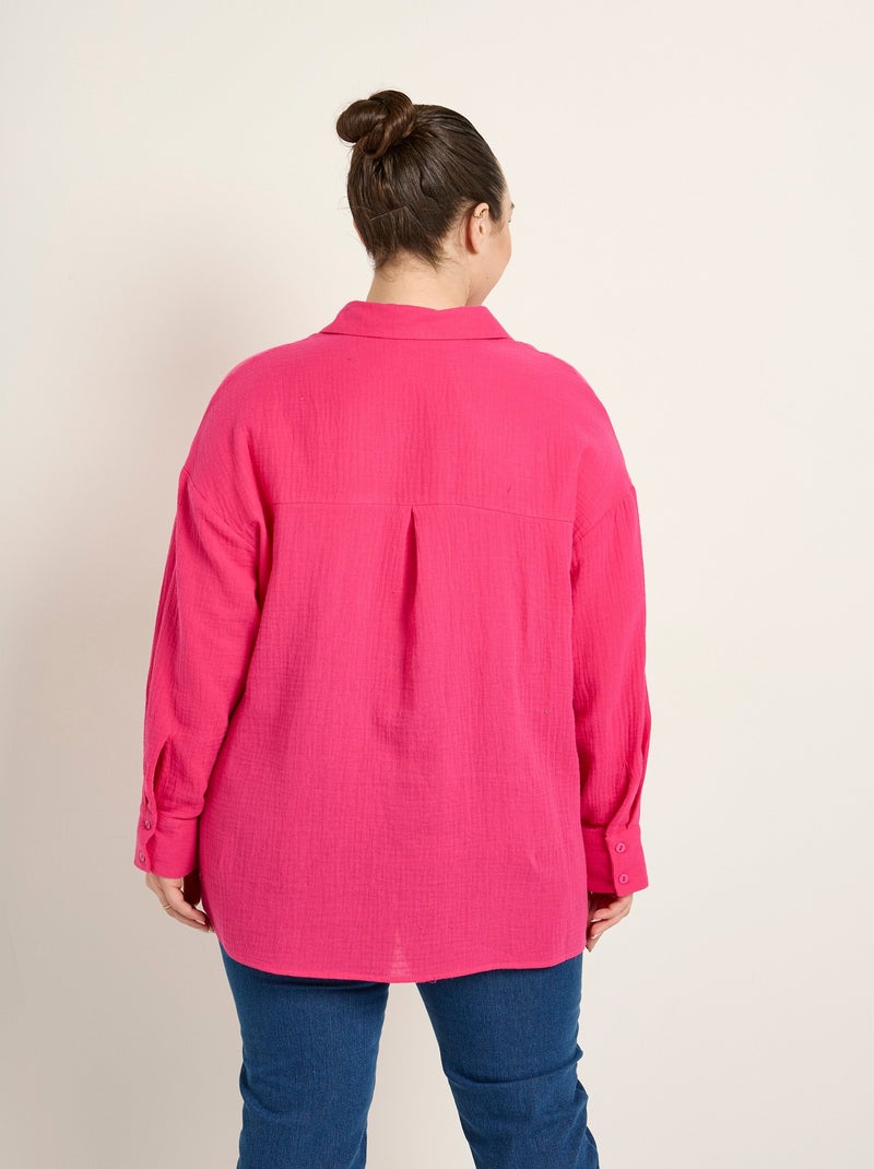 Chemisier manches longues, gaze de coton Rose fushia - Kiabi