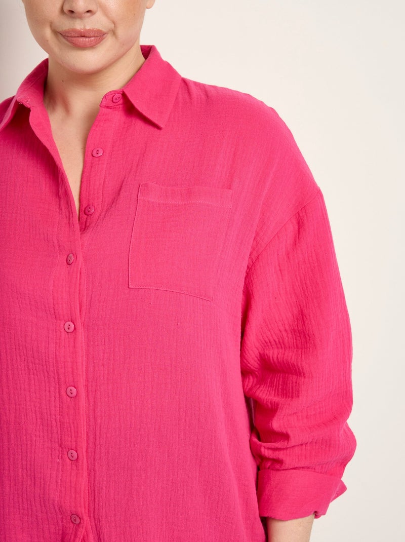 Chemisier manches longues, gaze de coton Rose fushia - Kiabi