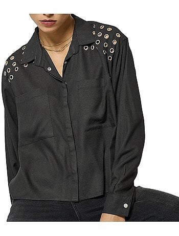 Chemisier manches longues noir à coupe large avec col à rabats et 2 poches