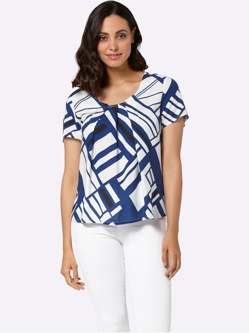 Chemisier Pure Viscose - Taille Standard - Witt Bleu Ecru - Kiabi