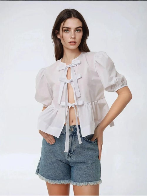 Chemisier ras du cou en coton avec nœud - Kiabi Chemisier ras du cou en coton avec nœud - Kiabi