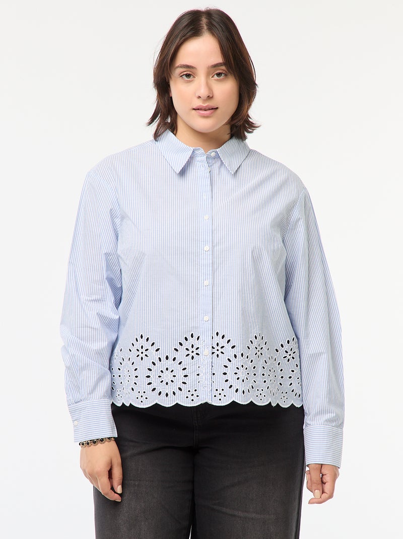 Chemisier rayé à manches longues avec broderies Bleu - Kiabi