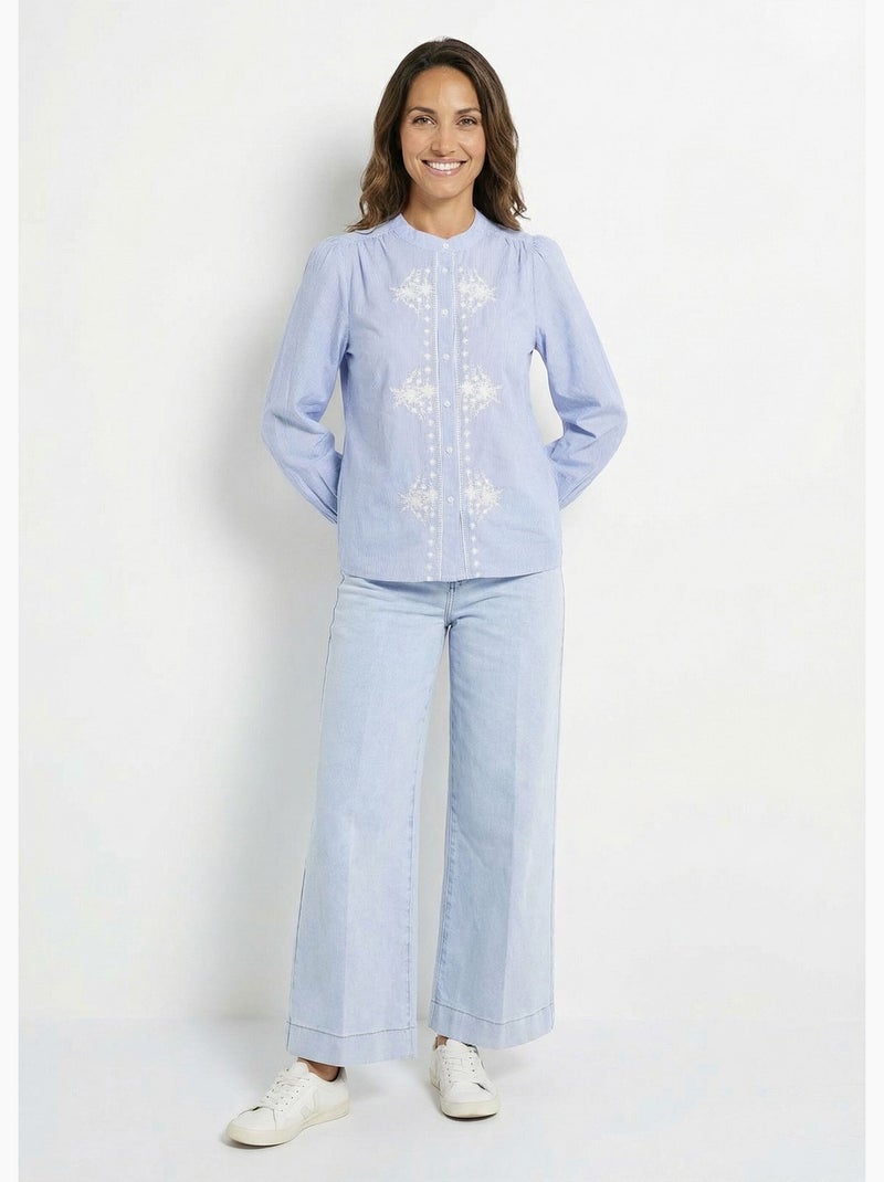 Chemisier rayé col rond et broderies - AFIBEL Bleu - Kiabi