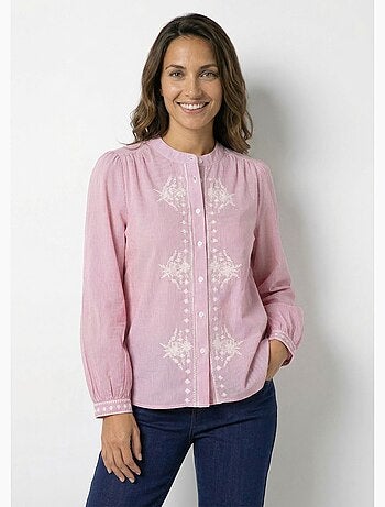 Chemisier rayé col rond et broderies