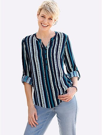 Chemisier rayé en viscose à encolure ronde et manches 3/4 - Taille standard - Moda Vilona