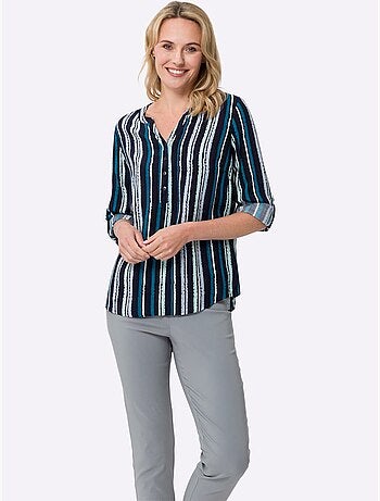 Chemisier rayé en viscose à encolure ronde et manches 3/4 - Taille standard - Moda Vilona