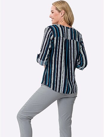 Chemisier rayé en viscose à encolure ronde et manches 3/4 - Taille standard - Moda Vilona