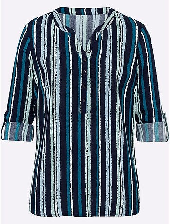 Chemisier rayé en viscose à encolure ronde et manches 3/4 - Taille standard - Moda Vilona