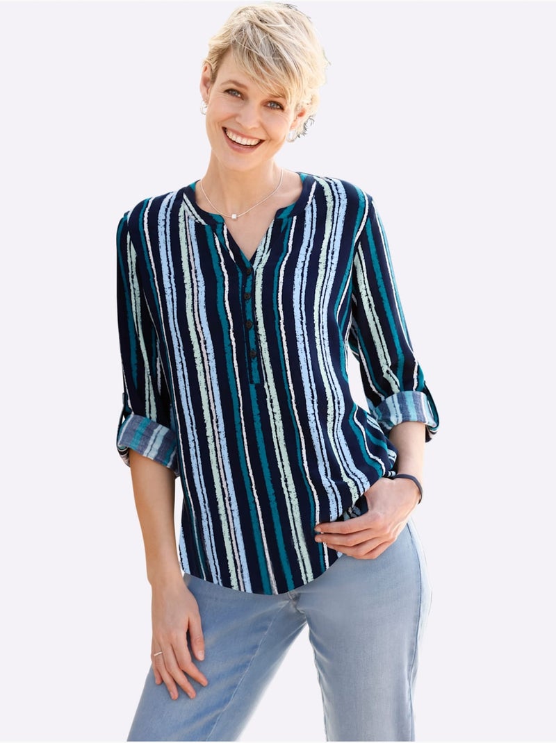 Chemisier rayé en viscose à encolure ronde et manches 3/4 - Taille standard - Moda Vilona Bleu Vert - Kiabi