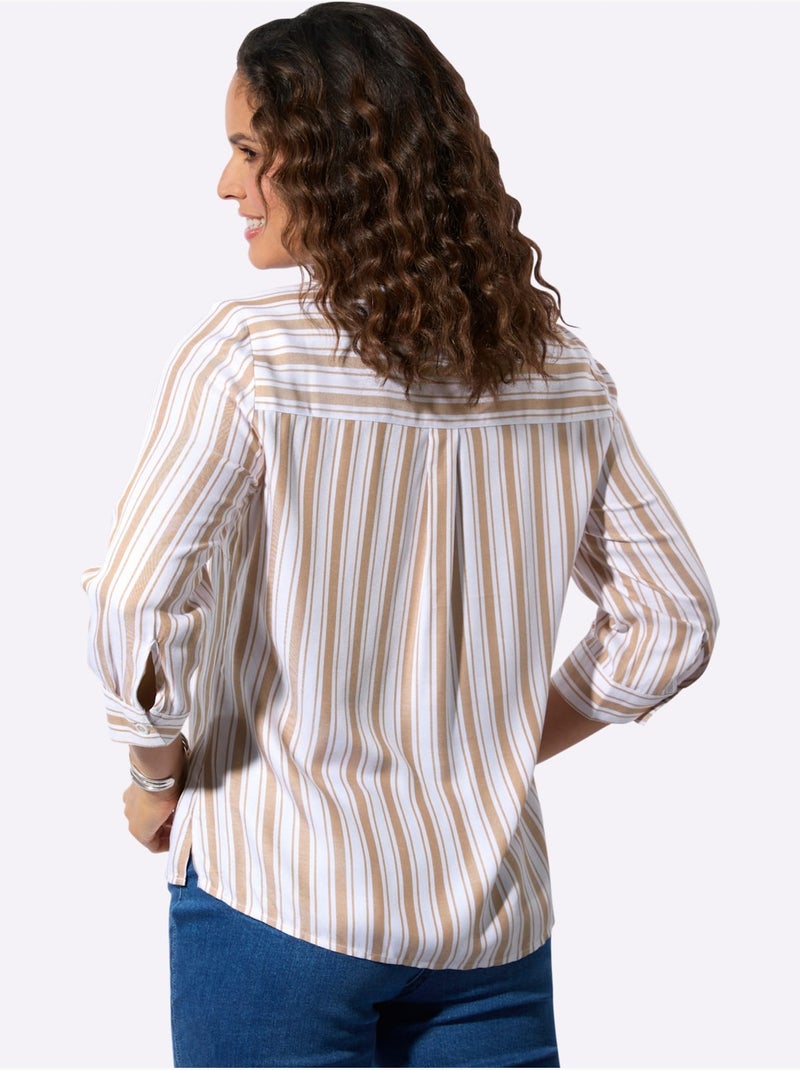 Chemisier rayé en viscose avec col rond et manches 3/4 - Taille standard - Witt Blanc Marron - Kiabi