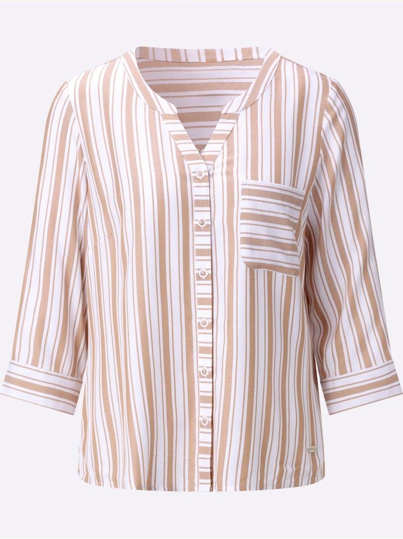 Chemisier rayé en viscose avec col rond et manches 3/4 - Taille standard - Witt Blanc Marron - Kiabi