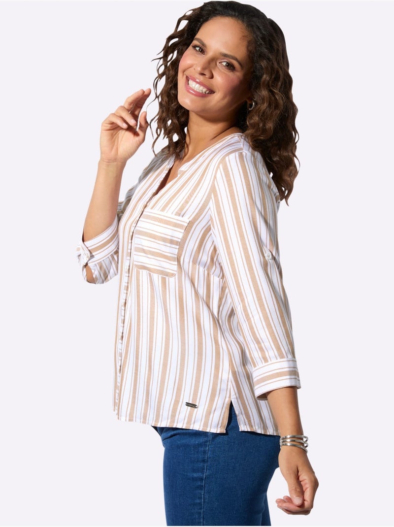 Chemisier rayé en viscose avec col rond et manches 3/4 - Taille standard - Witt Blanc Marron - Kiabi