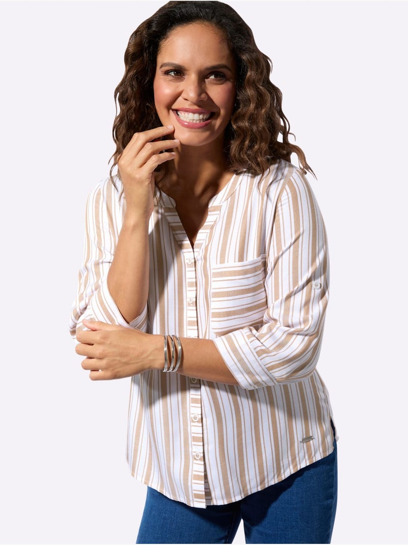 Chemisier rayé en viscose avec col rond et manches 3/4 - Taille standard - Witt Blanc Marron - Kiabi